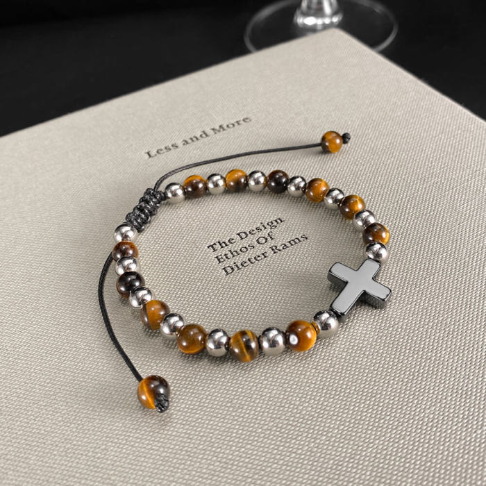 Wholesale Stainless Steel Tiger Eye Cross Bead Bracelet