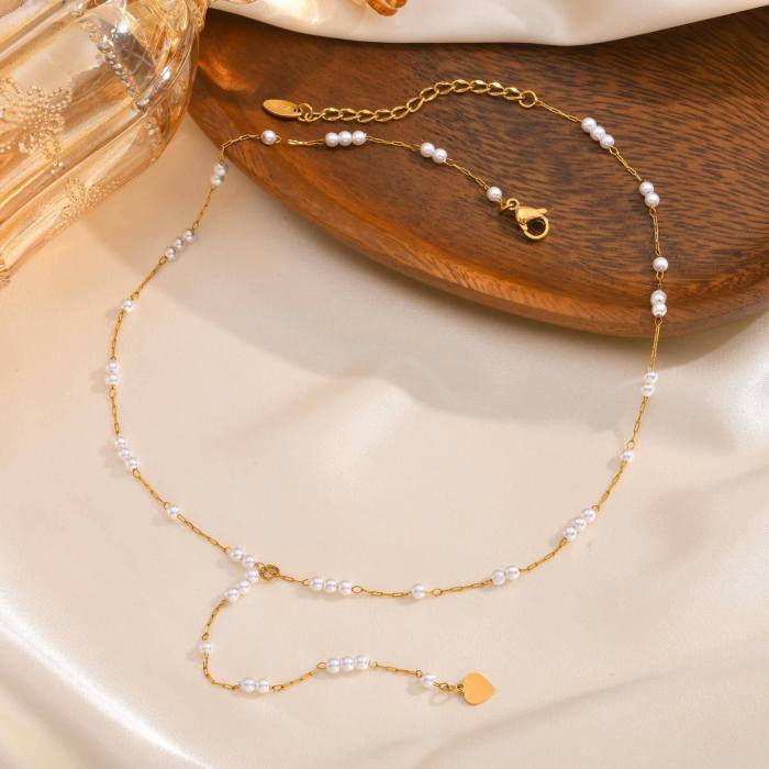 Wholesale Stainless Steel Y style Pearl Necklace with Heart Drop