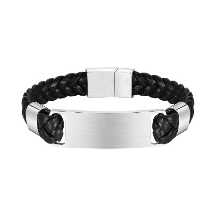 Wholesale Stainless Steel Engravable Braided Leather Bracelet