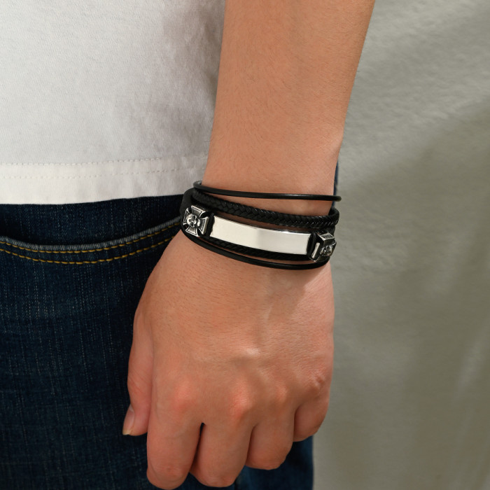 Wholesale Stainless Steel Skull Cross Leather Bracelet
