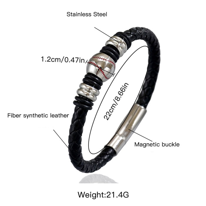 Wholesale Stainless Steel Baseball Leather Bracelet