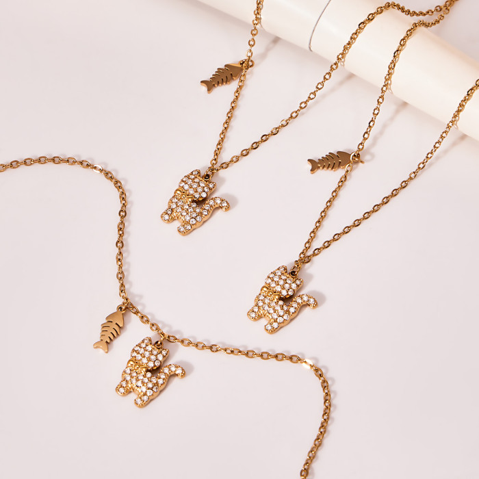 Wholesale Stainless Steel Kitten Fishbone Necklace Bracelet