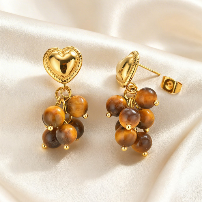 Wholesale Gold Plated Heart Tiger Eye Bead Drop Earrings