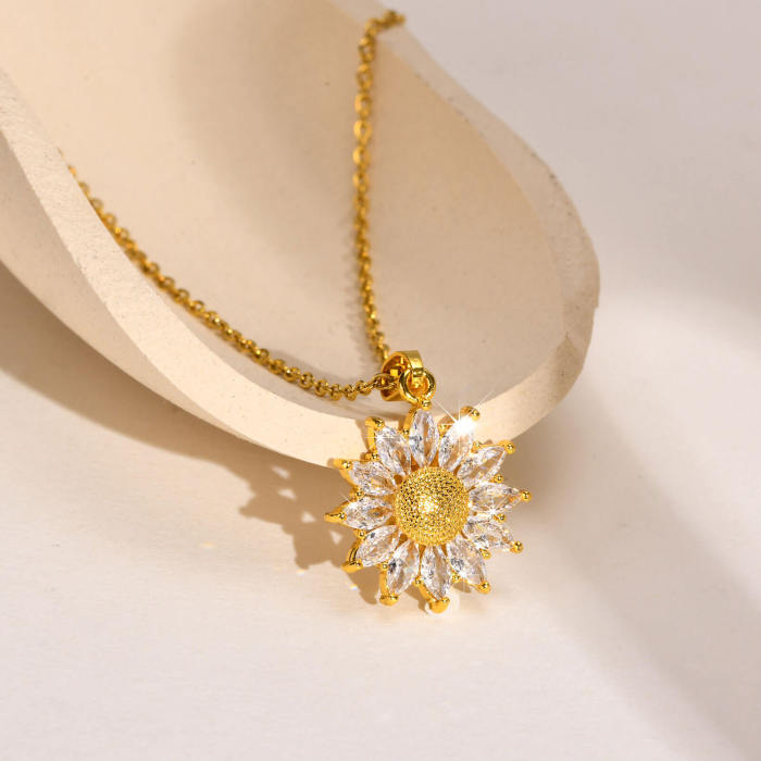 Wholesale Stainless Steel CZ Sunflower Necklace for Women