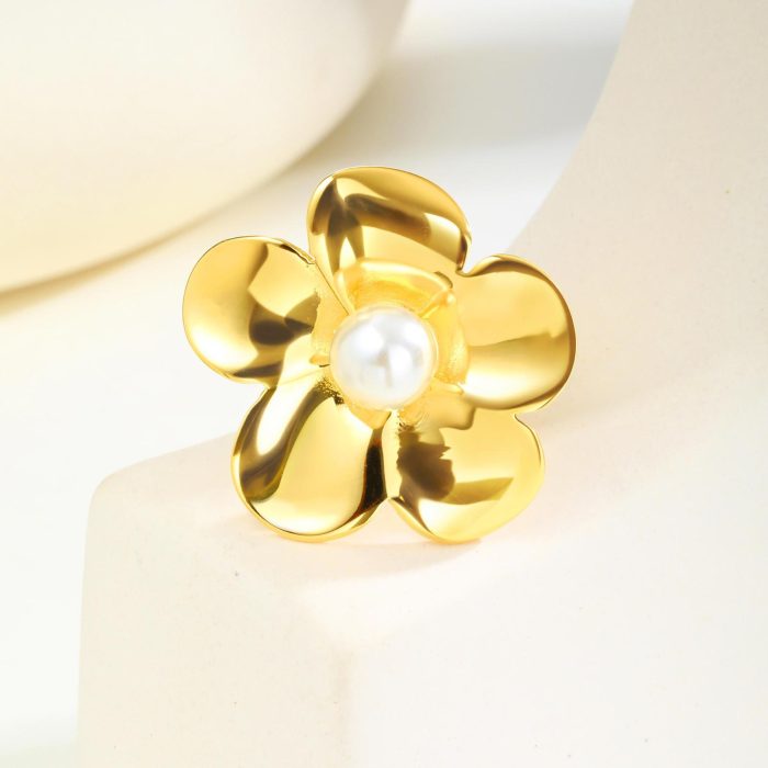 Wholesale Stainless Steel Imitation Pearl Flower Ring