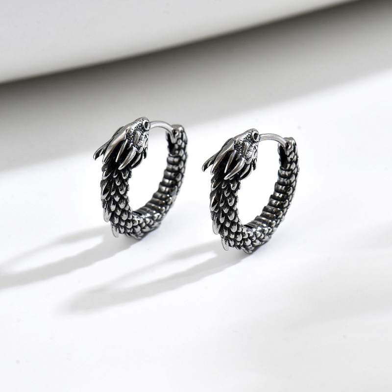 Wholesale Retro Stainless Steel Dragon Hoop Earrings