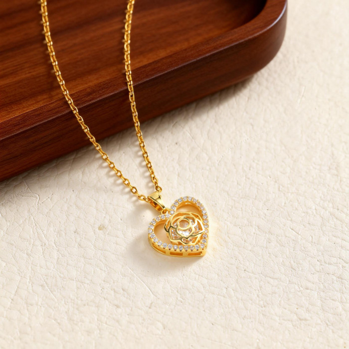 Wholesale 18K Gold Plated Heart Rose Pendant Necklace