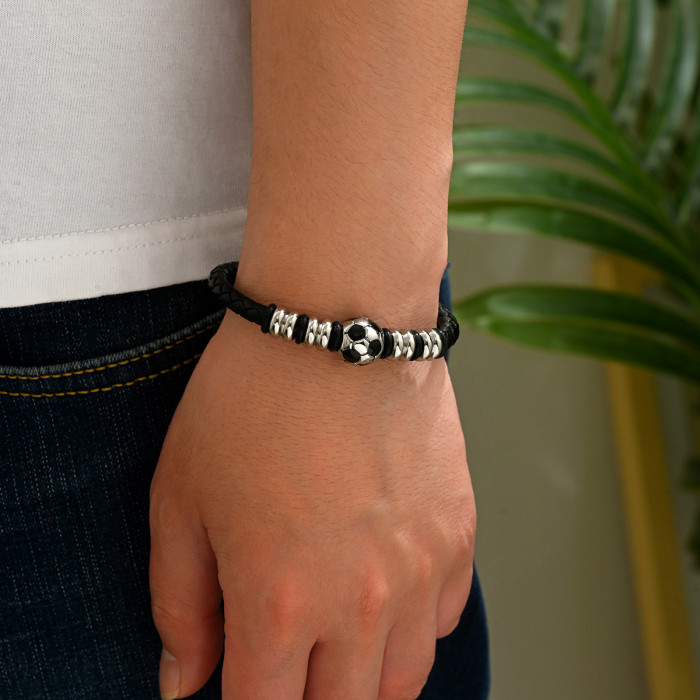 Wholesale Stainless Steel Soccer Ball Leather Bracelet