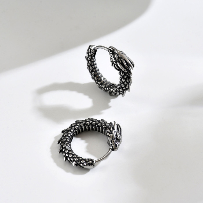 Wholesale Retro Stainless Steel Dragon Hoop Earrings