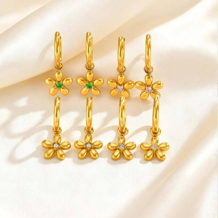 Wholesale Stainless Steel Minimal Gold Flower Charm Hoop Earrings