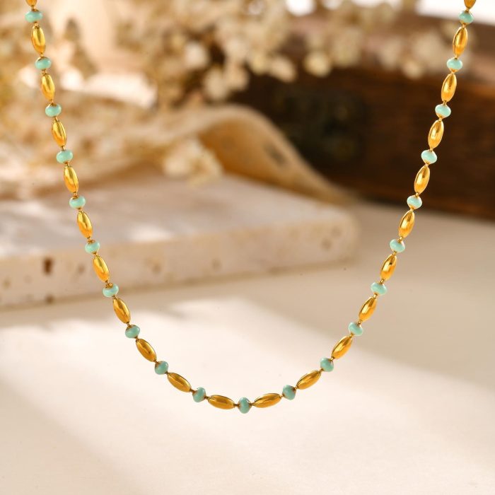Wholesale Stainless Steel Green Bead Necklace