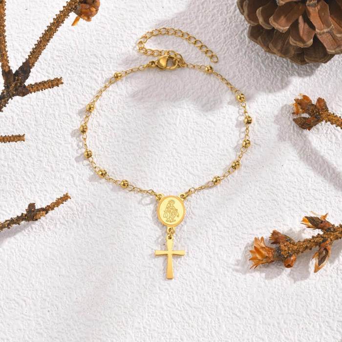 Wholesale Stainless Steel Beaded Link Bracelet with Crucifix Cross