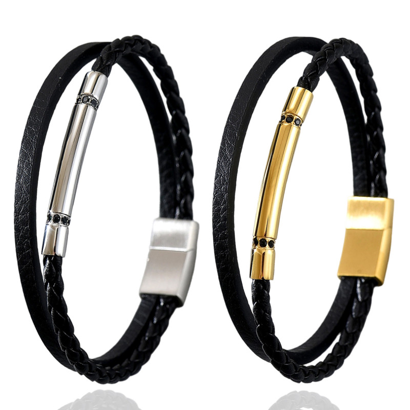 Wholesale Stainless Steel Tube Leather Bracelet
