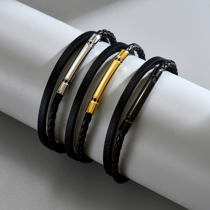 Wholesale Stainless Steel Tube Leather Bracelet