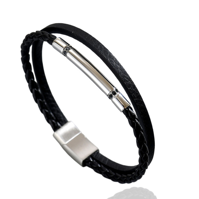 Wholesale Stainless Steel Tube Leather Bracelet