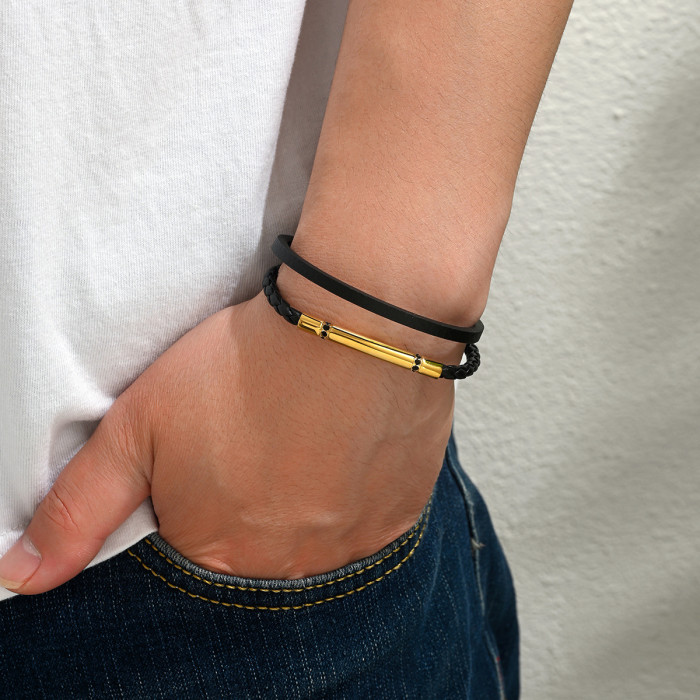 Wholesale Stainless Steel Tube Leather Bracelet