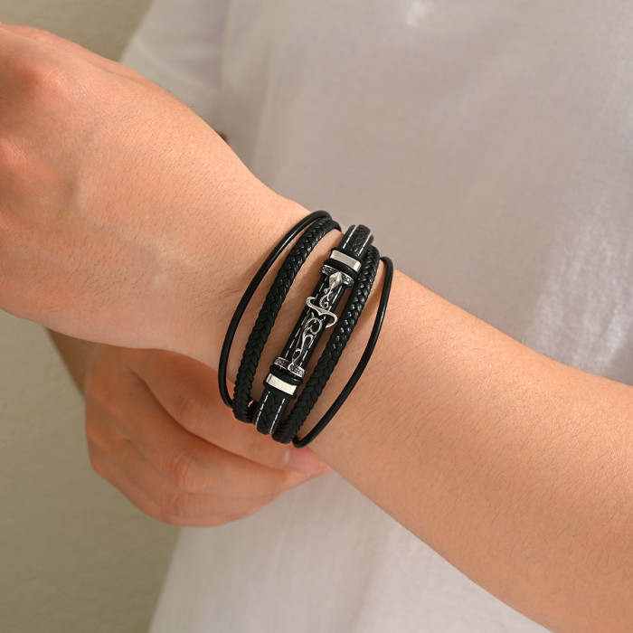 Wholesale Stainless Steel Gothic Multi-Layer Leather Bracelet