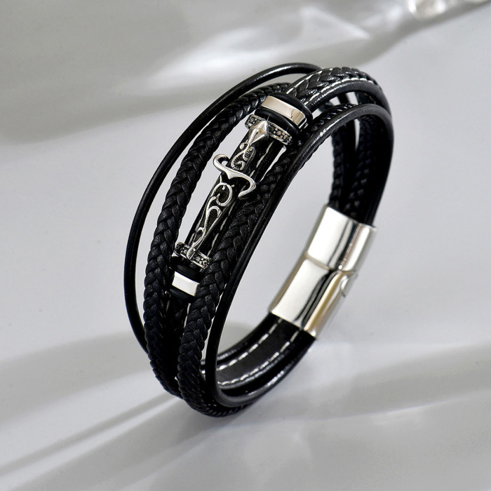 Wholesale Stainless Steel Gothic Multi-Layer Leather Bracelet
