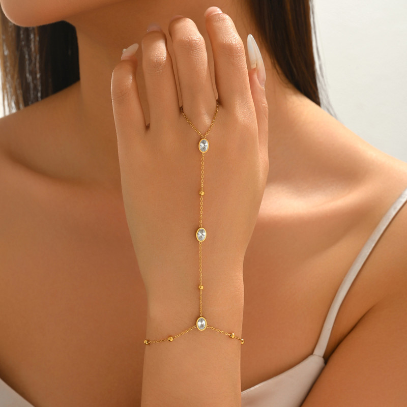 Wholesale Stainless Steel Oval CZ Ring Hand Chain