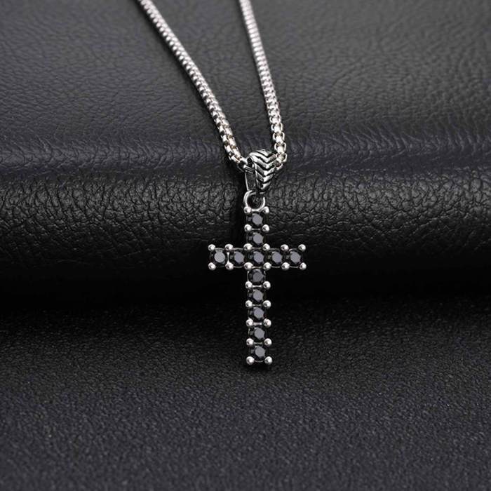 Wholesale Stainless Steel Black CZ Cross Necklaces