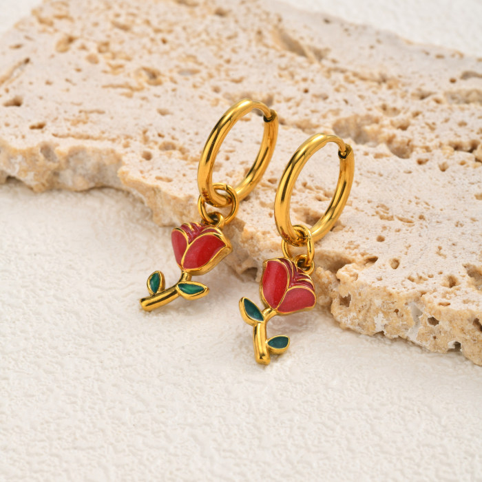 Wholesale Stainless Steel Red Rose Earrings