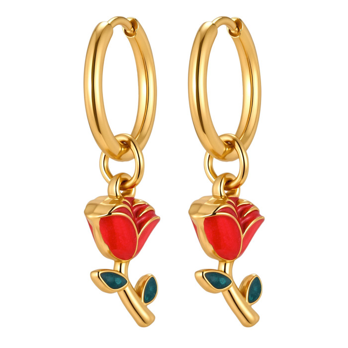 Wholesale Stainless Steel Red Rose Earrings