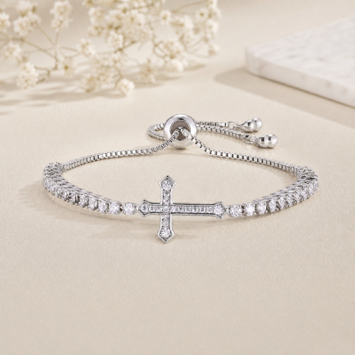 Wholesale Copper CZ Cross Adjustable Tennis Slider Bracelet