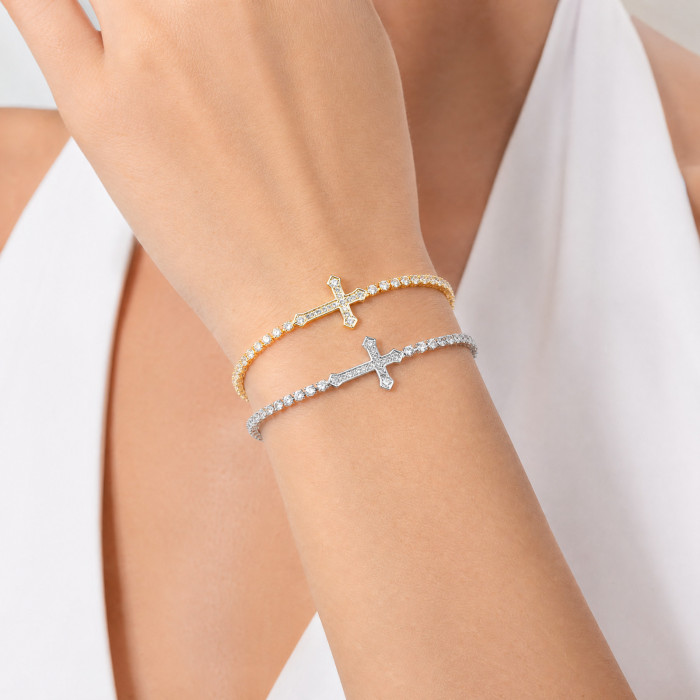 Wholesale Copper CZ Cross Adjustable Tennis Slider Bracelet