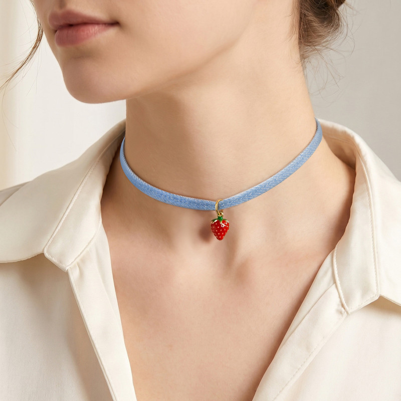 Wholesale Light Denim Strawberry Charm Neckband