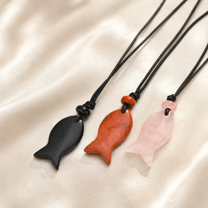 Wholesale Natural Obsidian Fish Necklace