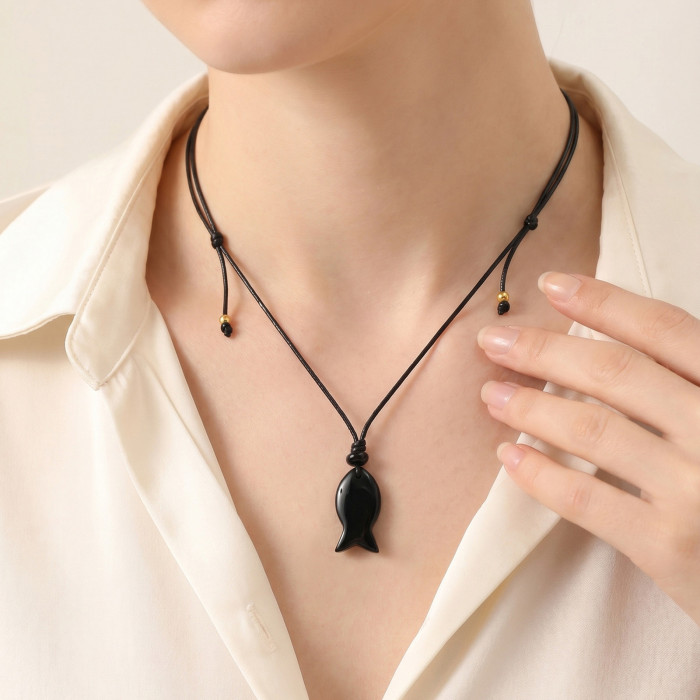 Wholesale Natural Obsidian Fish Necklace