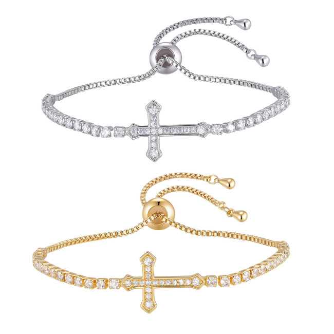 Wholesale Copper CZ Cross Adjustable Tennis Slider Bracelet