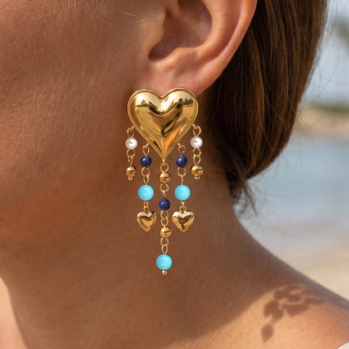 Wholesale 18K Gold Plated Heart & Turquoise Bead Tassel Earrings