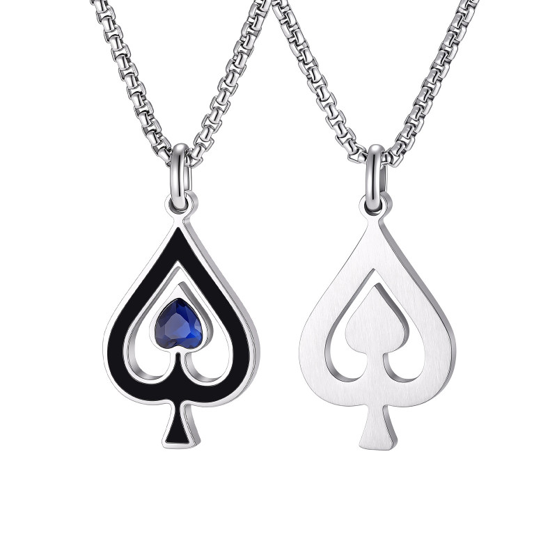Wholesale Stainless Steel Ace of Spades Pendant Necklace with Blue Heart CZ