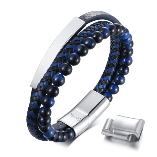 Wholesale Stainless Steel Men's Blue Tiger Eye Bead Layered Leather Bracelet