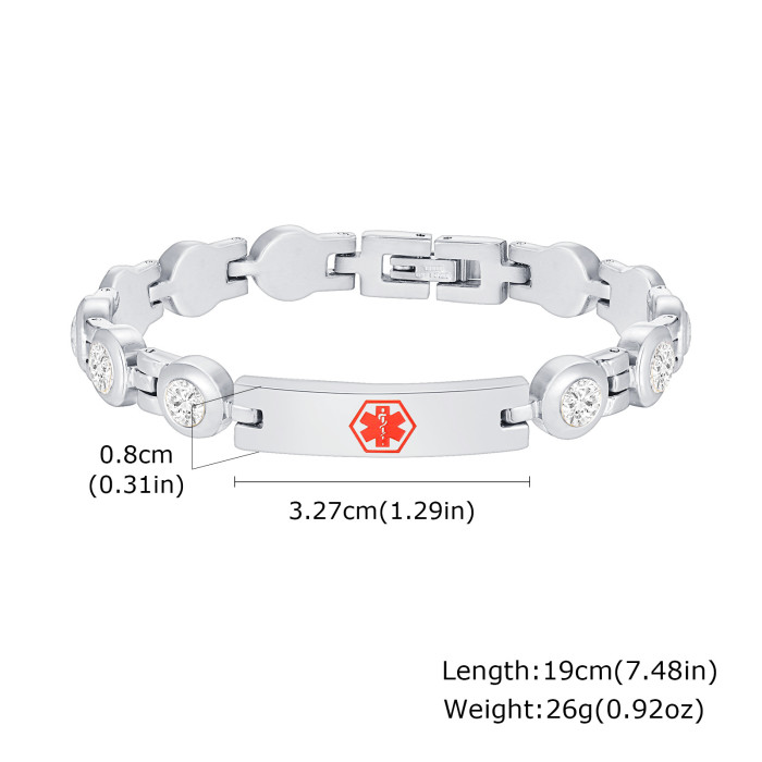 Wholesale Stainless Steel Cubic Zirconia Medical Alert Bracelet for Women