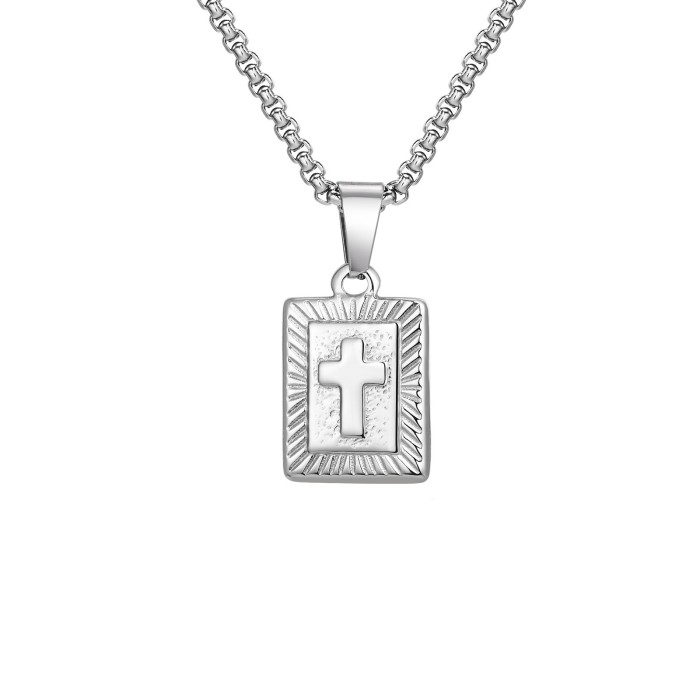 Wholesale Stainless Steel Men's Textured Cross Bar Dog Tag Pendant Necklace