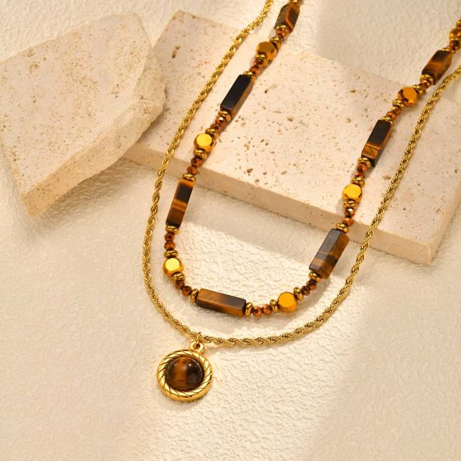 Wholesale Stainless Steel Vintage Tiger Eye Double Layer Necklace