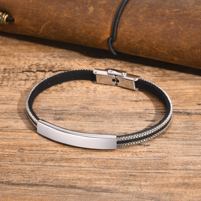Wholesale Stainless Steel Personalized PU Leather Box Chain Bar Bracelet