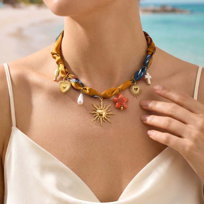 Wholesale Vintage Silk Scarf Statement Choker with Celestial Charms