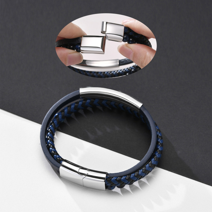 Wholesale Stainless Steel Men's Blue Tiger Eye Bead Layered Leather Bracelet