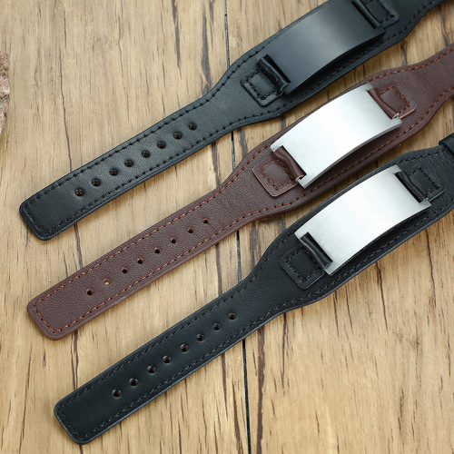 Wholesale Stainless Steel Punk Blank ID Leather Cuff Bracelet
