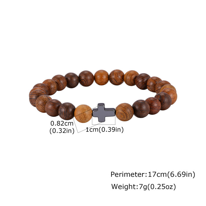 Wholesale Men's Natural Wood Bead Cross Stretch Bracelet
