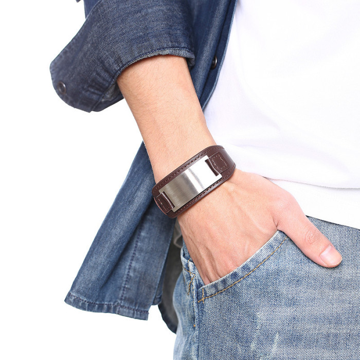 Wholesale Stainless Steel Punk Blank ID Leather Cuff Bracelet