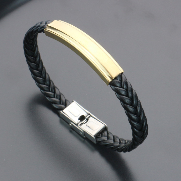 Wholesale Men's Braided Leather Stainless Steel Engravable ID Bracelet