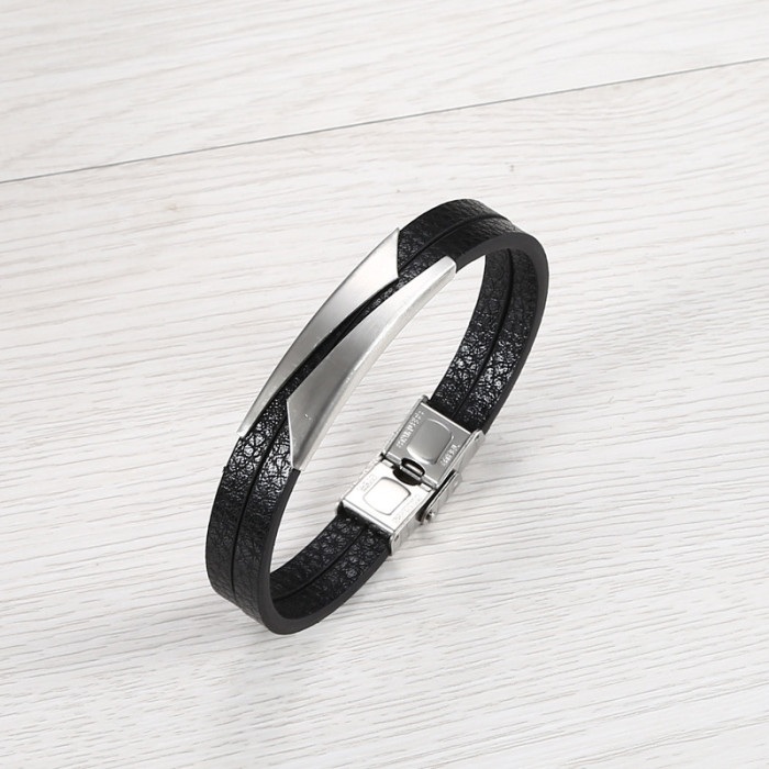 Wholesale Trendy Men's Layered Leather Stainless Steel Bar Bracelet