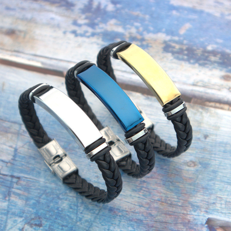 Wholesale Men's Braided Leather Stainless Steel Engravable ID Bracelet