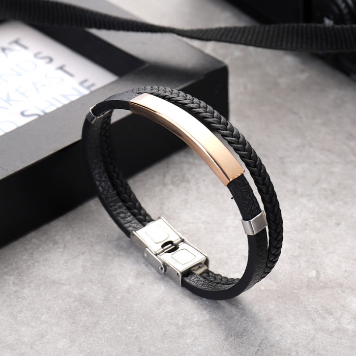 Wholesale Men's Multilayer Leather Stainless Steel Engravable ID Bracelet