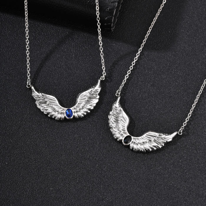 Wholesale Stainless Steel Black Zircon Feather Wing Necklace