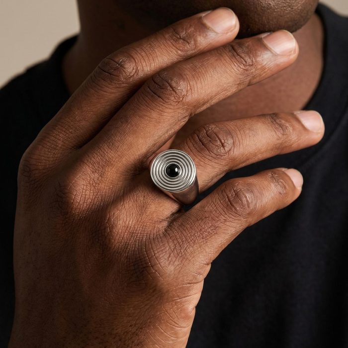 Wholesale Stainless Steel Concentric Circle Black Onyx Signet Ring